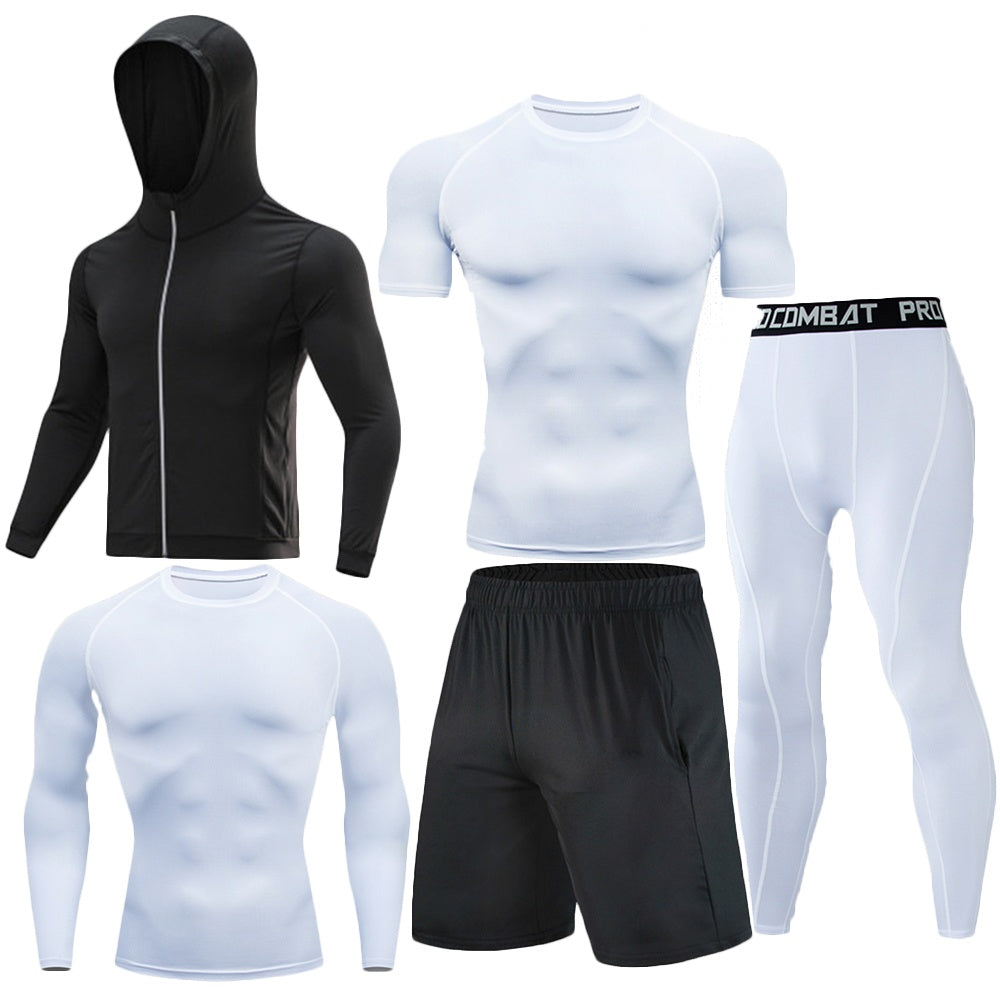 Men 5 Pieces Compression Workout Set Hooded Zip Jacket Long Sleeve Short Sleeve Tight Shirts Sports Shorts Long Leggings Quick Dry Gym Running Basketball Training Athletic Base Layer Suit